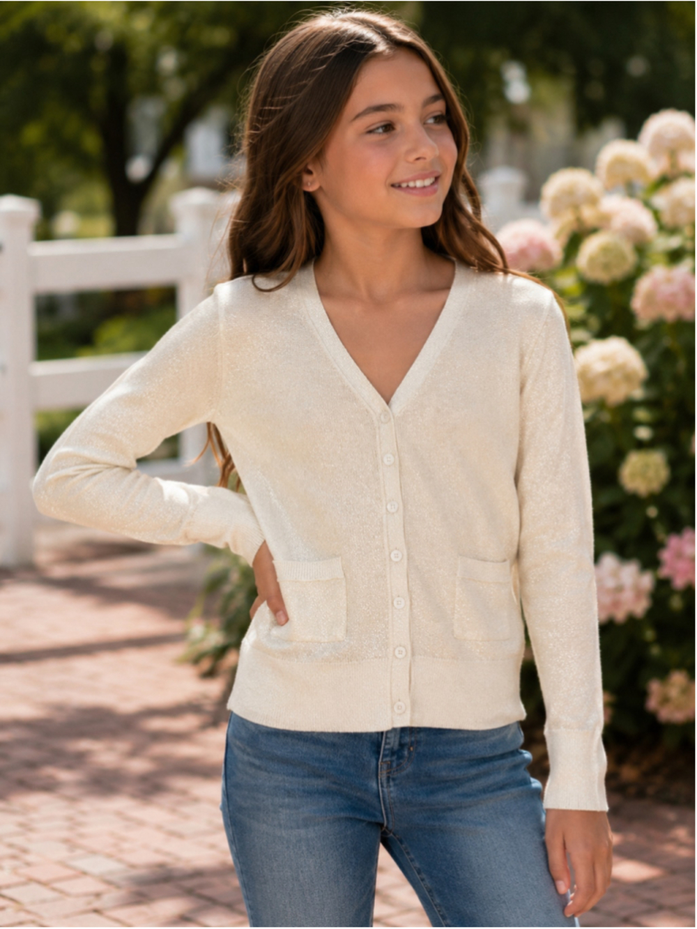 Ruby & Bloom Girls Ivory Shimmer Button Cardigan Sweater Size M 10/12 Knit Top